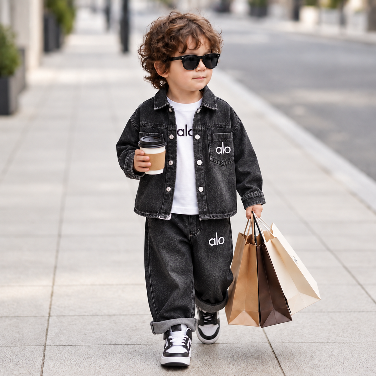 Boys 3PC black denim jacket set with inner shirt and baggy pants
