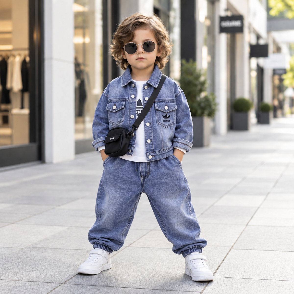 Boys 3PC blue denim jacket set with inner shirt and baggy pants