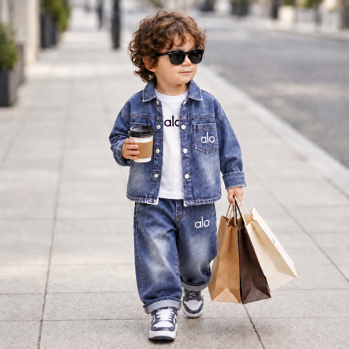 Boys 3PC blue denim jacket set with inner shirt and baggy pants