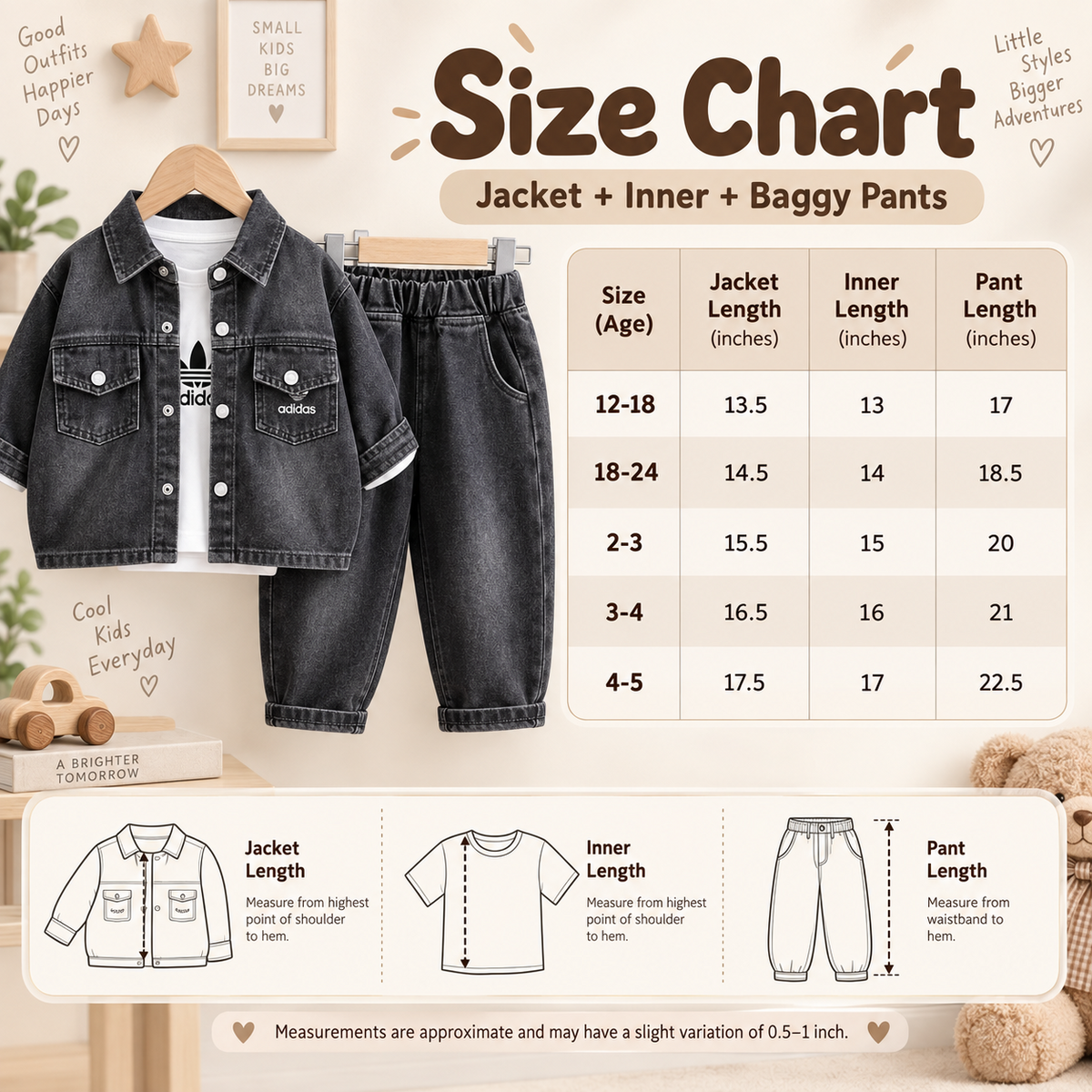 Size chart for boys 3PC denim jacket inner shirt and baggy pants set
