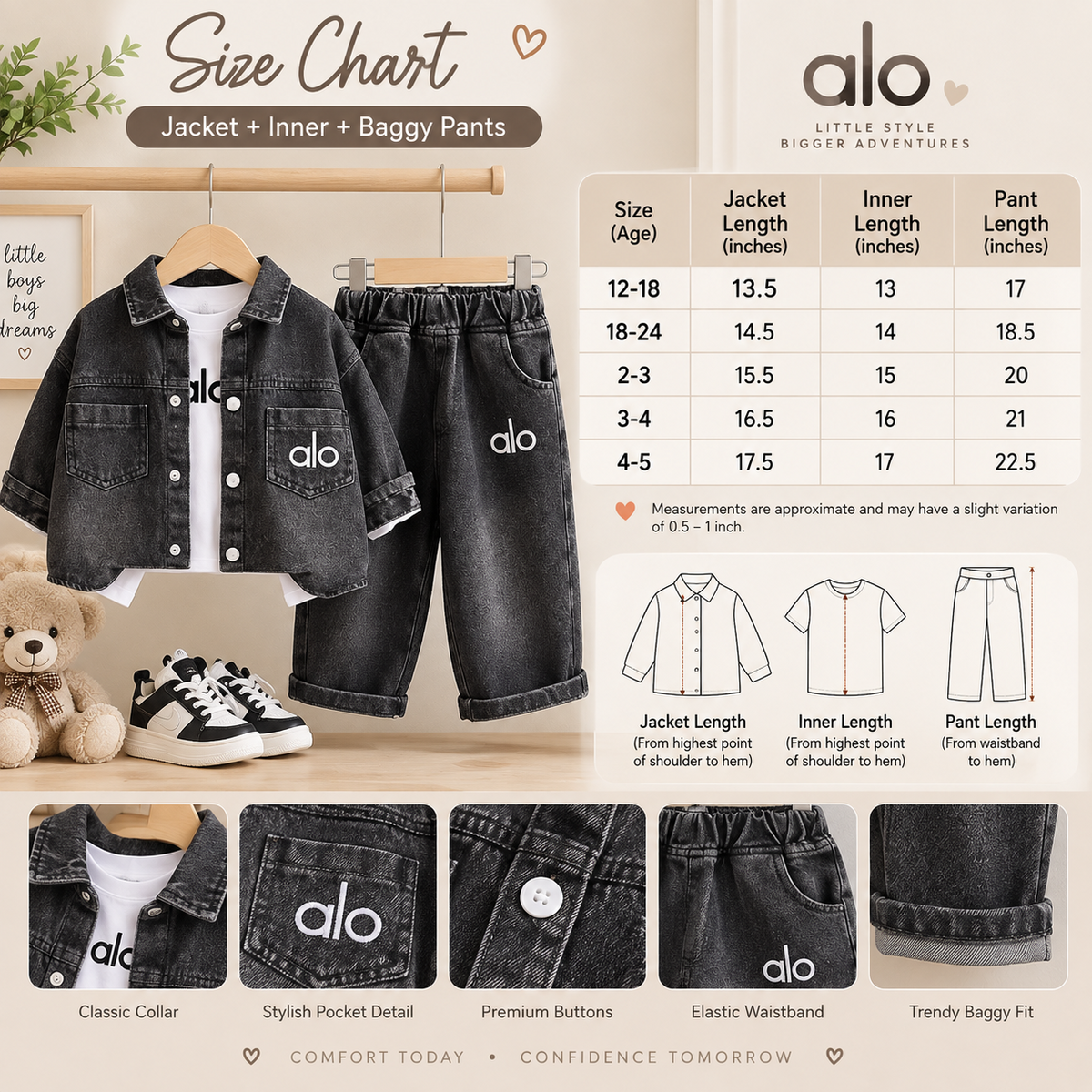 Size chart for boys 3PC denim jacket inner shirt and baggy pants set