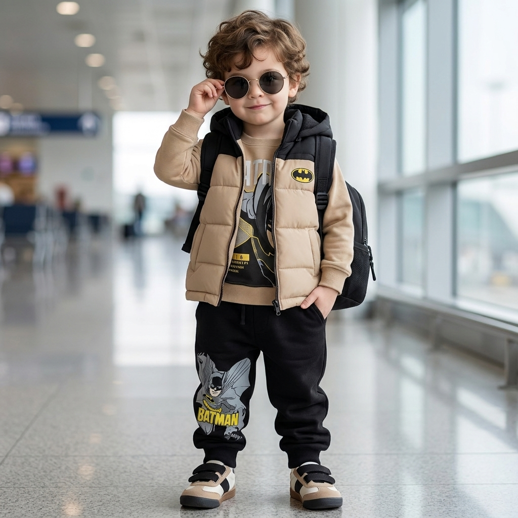 Boy wearing beige hooded puffer vest outfit set