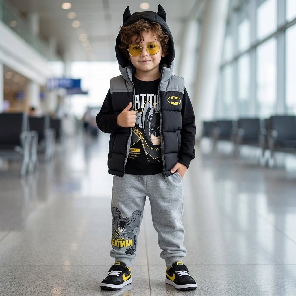 Boy wearing black hooded puffer vest outfit set