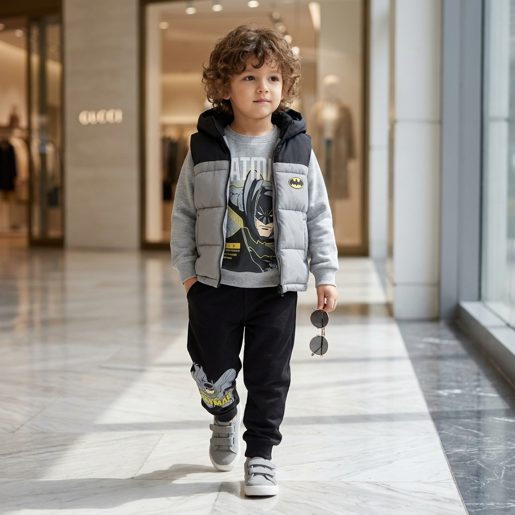 Boy wearing grey hooded puffer vest outfit set