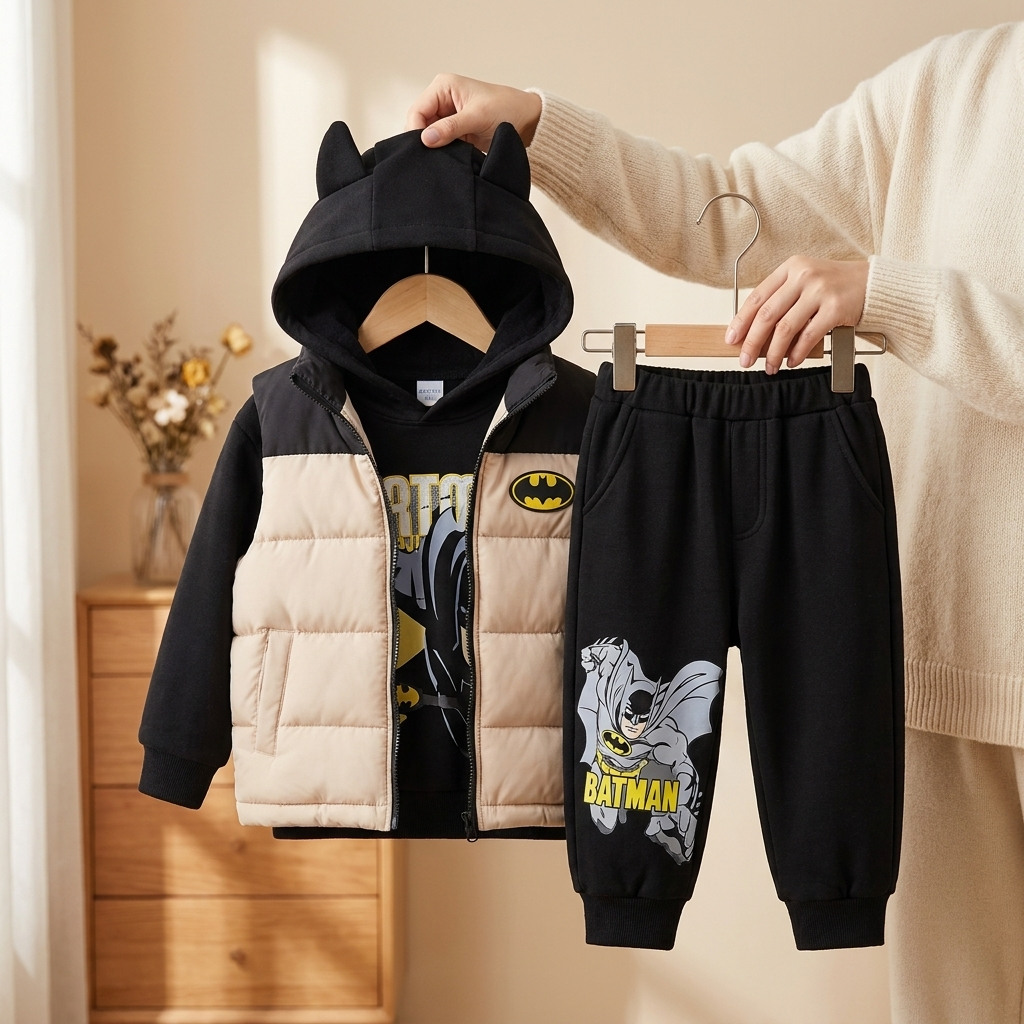 Boys 3 piece hooded puffer vest shirt and trouser set