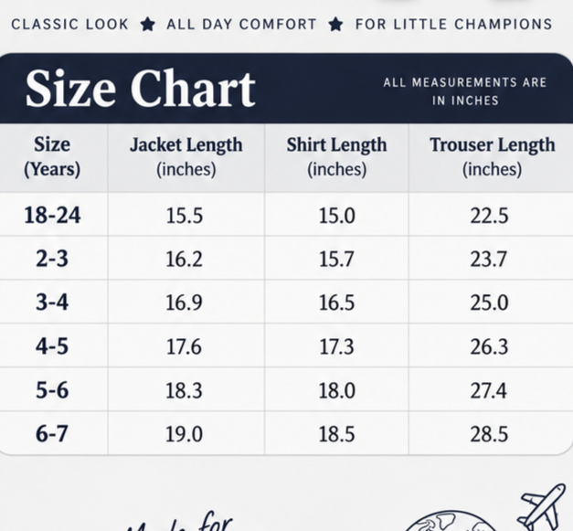 Boys 3 piece outfit size chart 18-24 months to 6-7 years