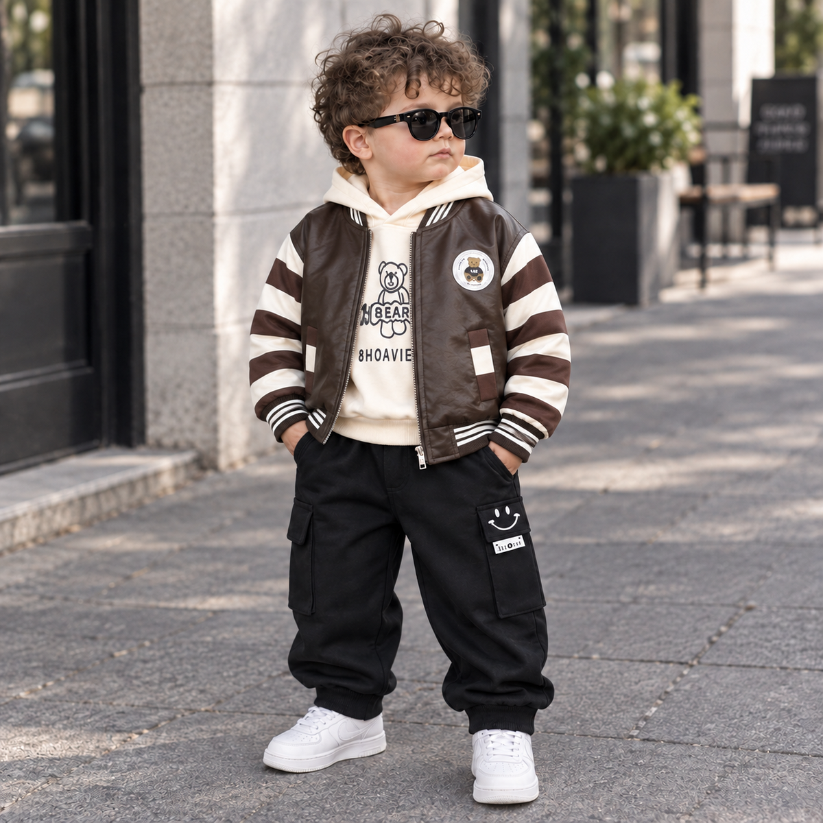 Boy wearing brown 3PC jacket, hooded shirt and trouser set