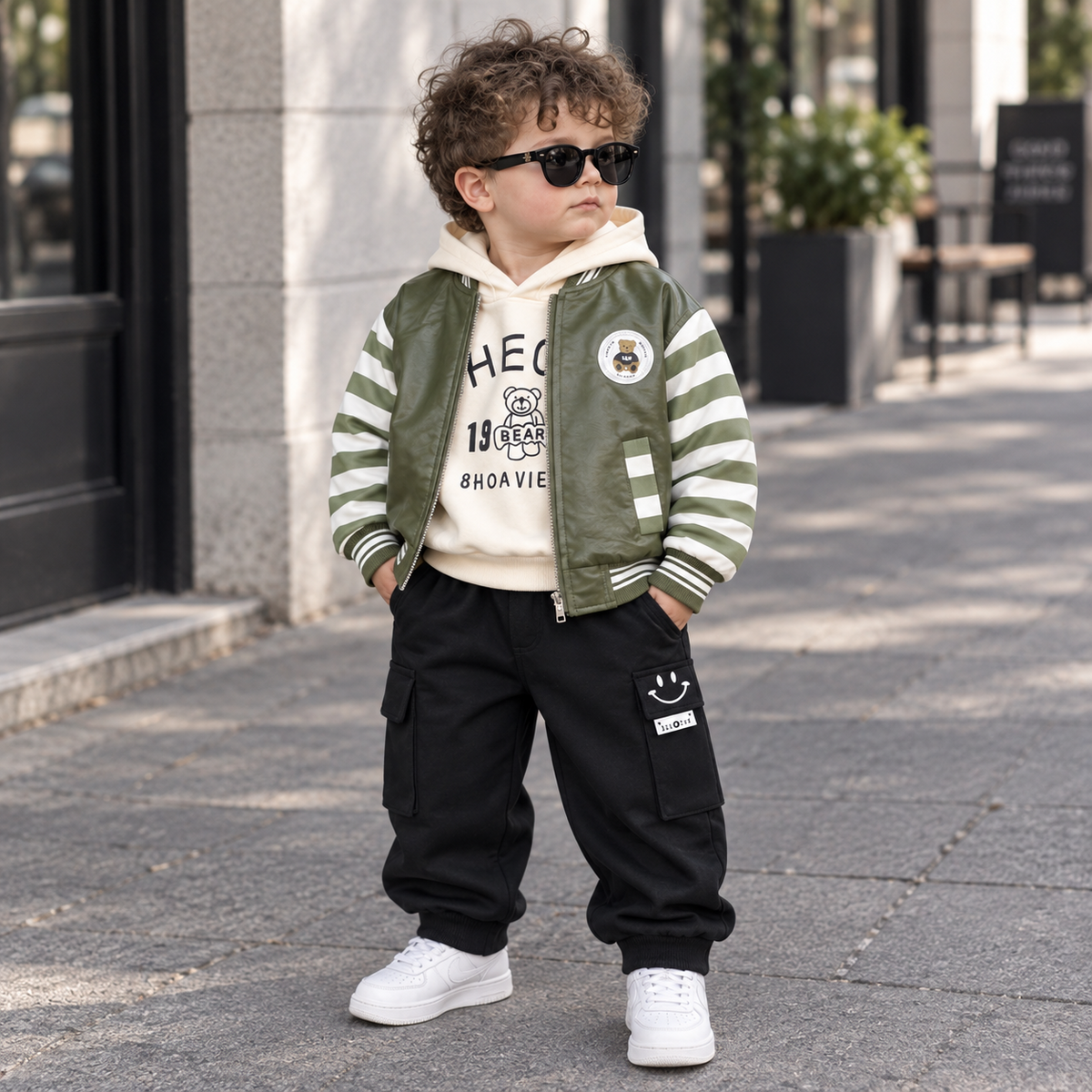 Boy wearing green 3PC jacket, hooded shirt and trouser set