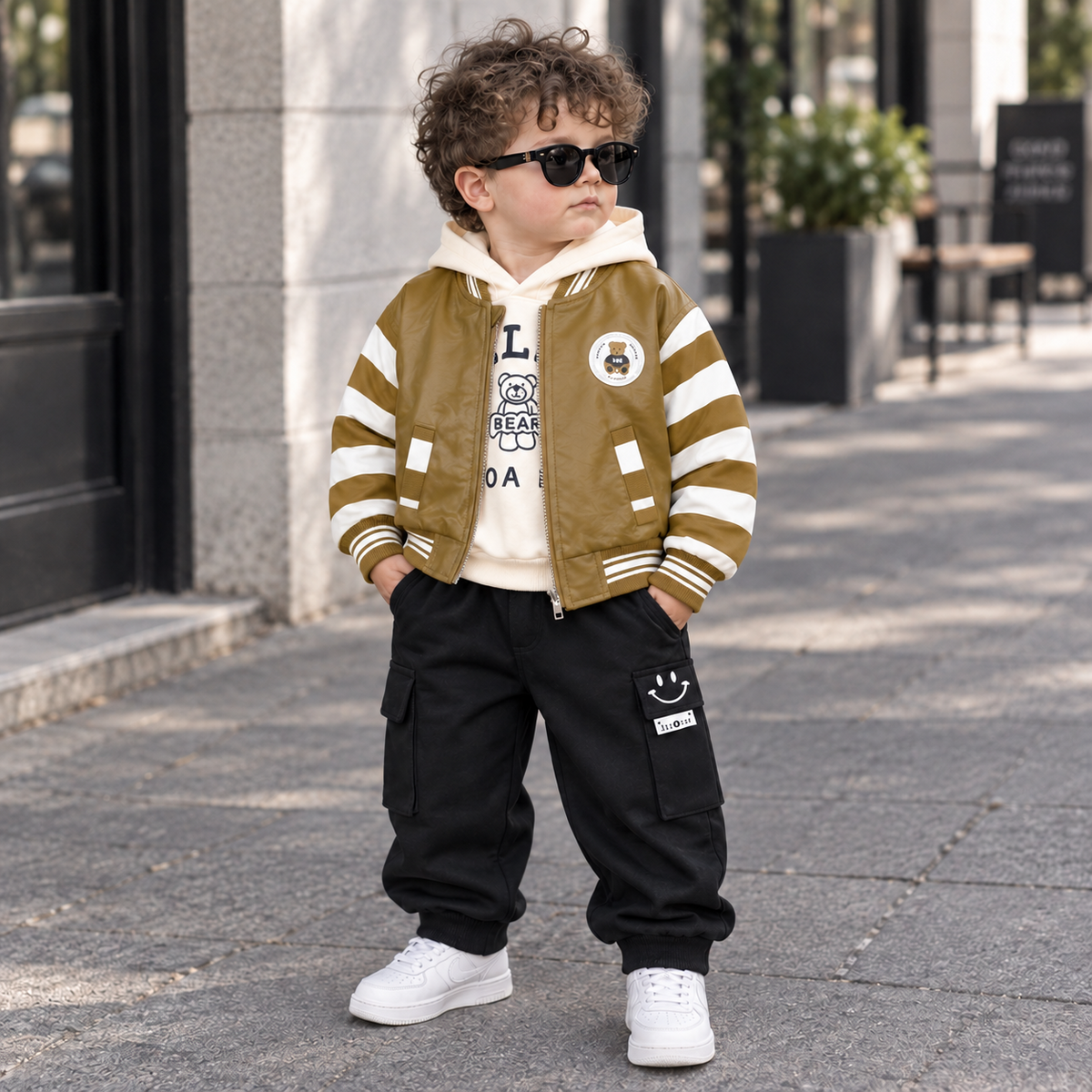 Boy wearing olive green 3PC jacket, hooded shirt and trouser set