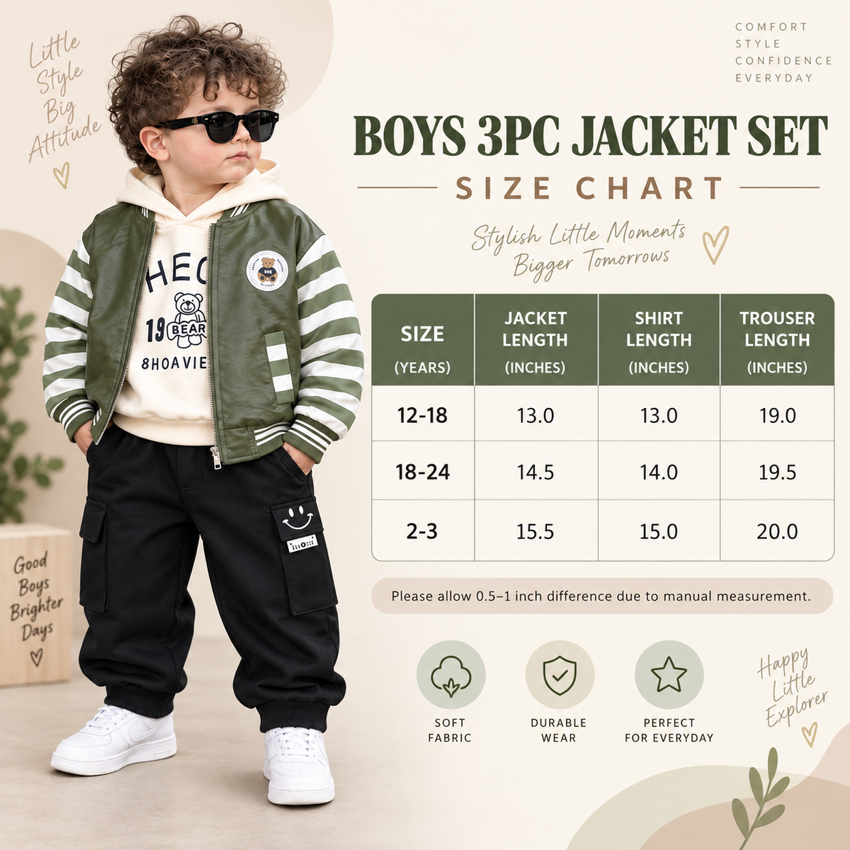 Boys 3PC jacket set size chart 12 months to 3 years