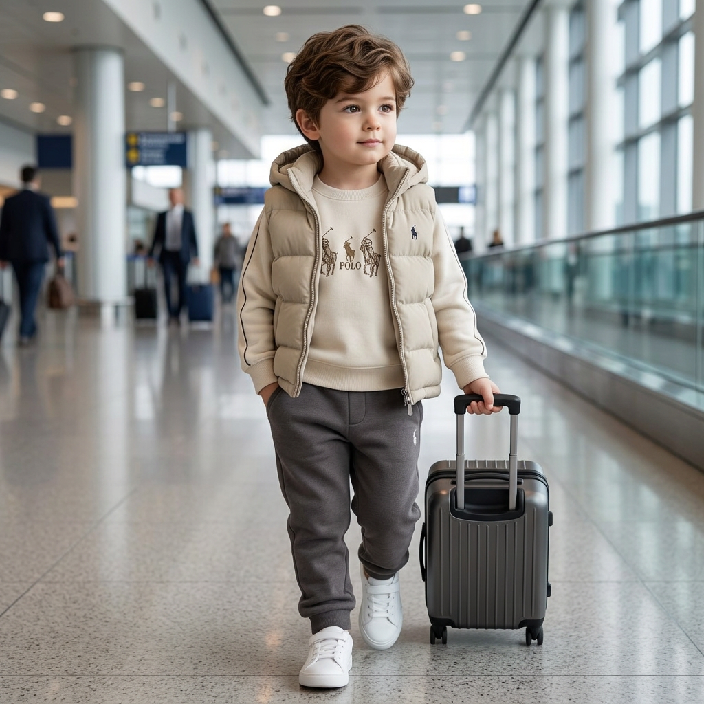Boy wearing beige 3 piece puffer vest shirt and trouser set