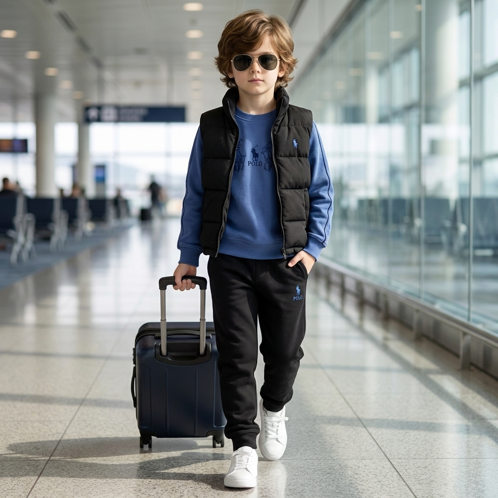 Boy wearing black and blue 3 piece puffer vest shirt and trouser set
