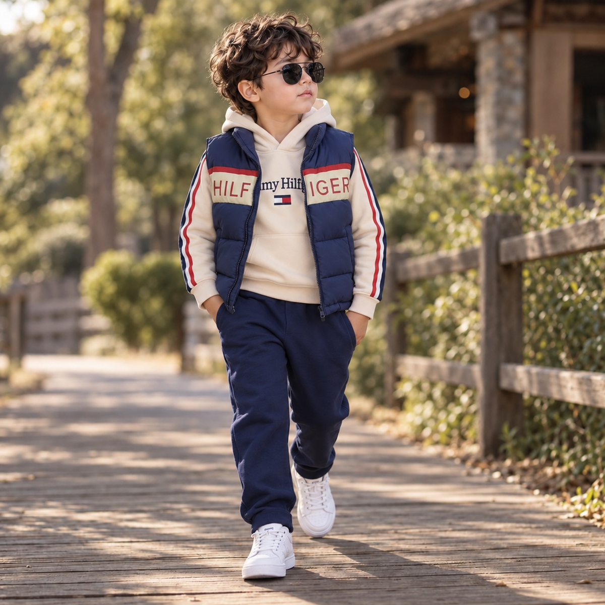 Boy wearing beige 3 piece puffer vest hoodie and trouser set
