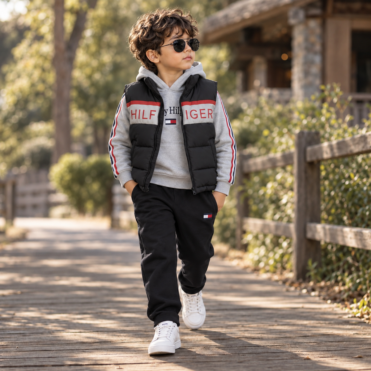 Boy wearing black 3 piece puffer vest hoodie and trouser set