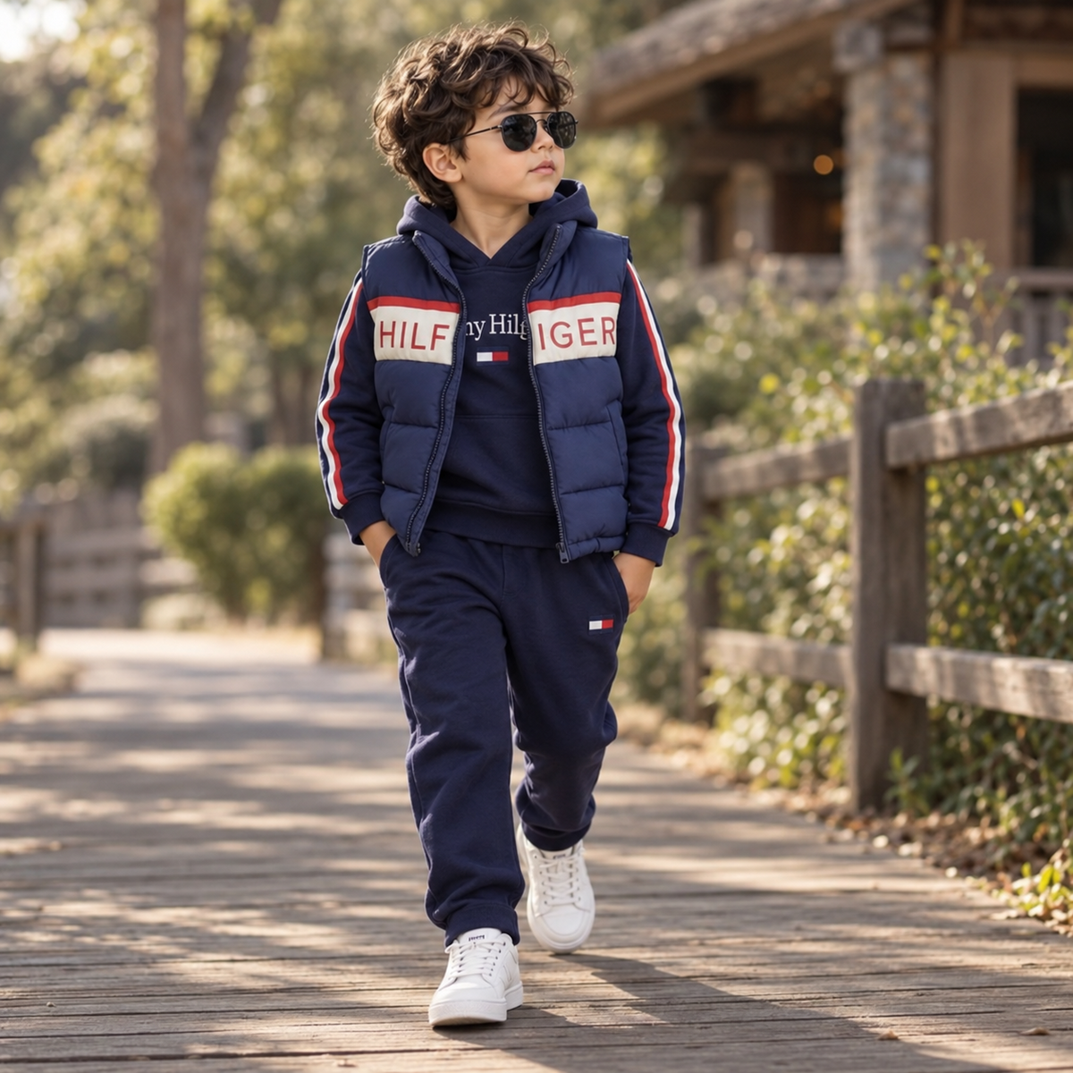 Boy wearing grey 3 piece puffer vest hoodie and trouser set