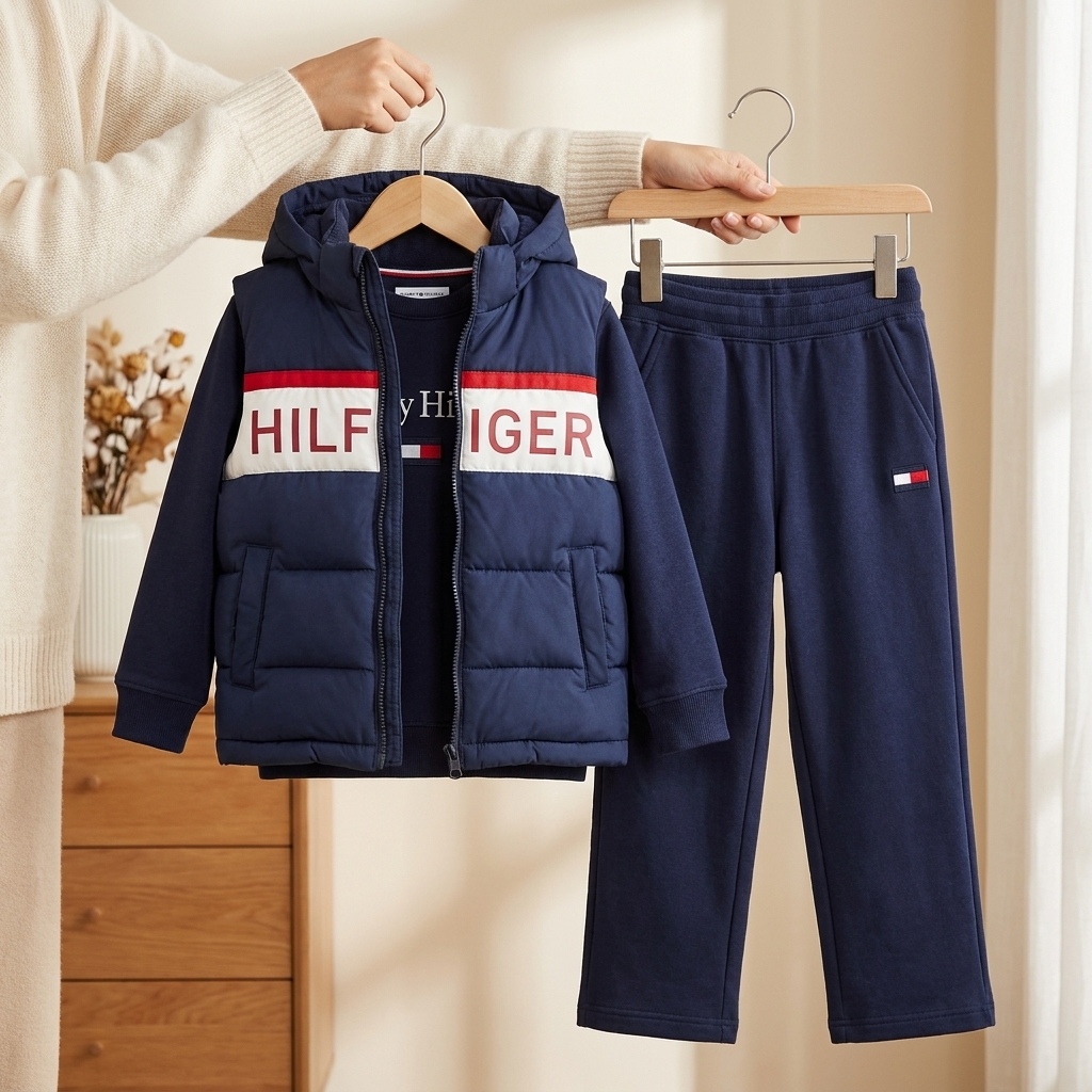 Boys 3 piece puffer vest hoodie and trouser set