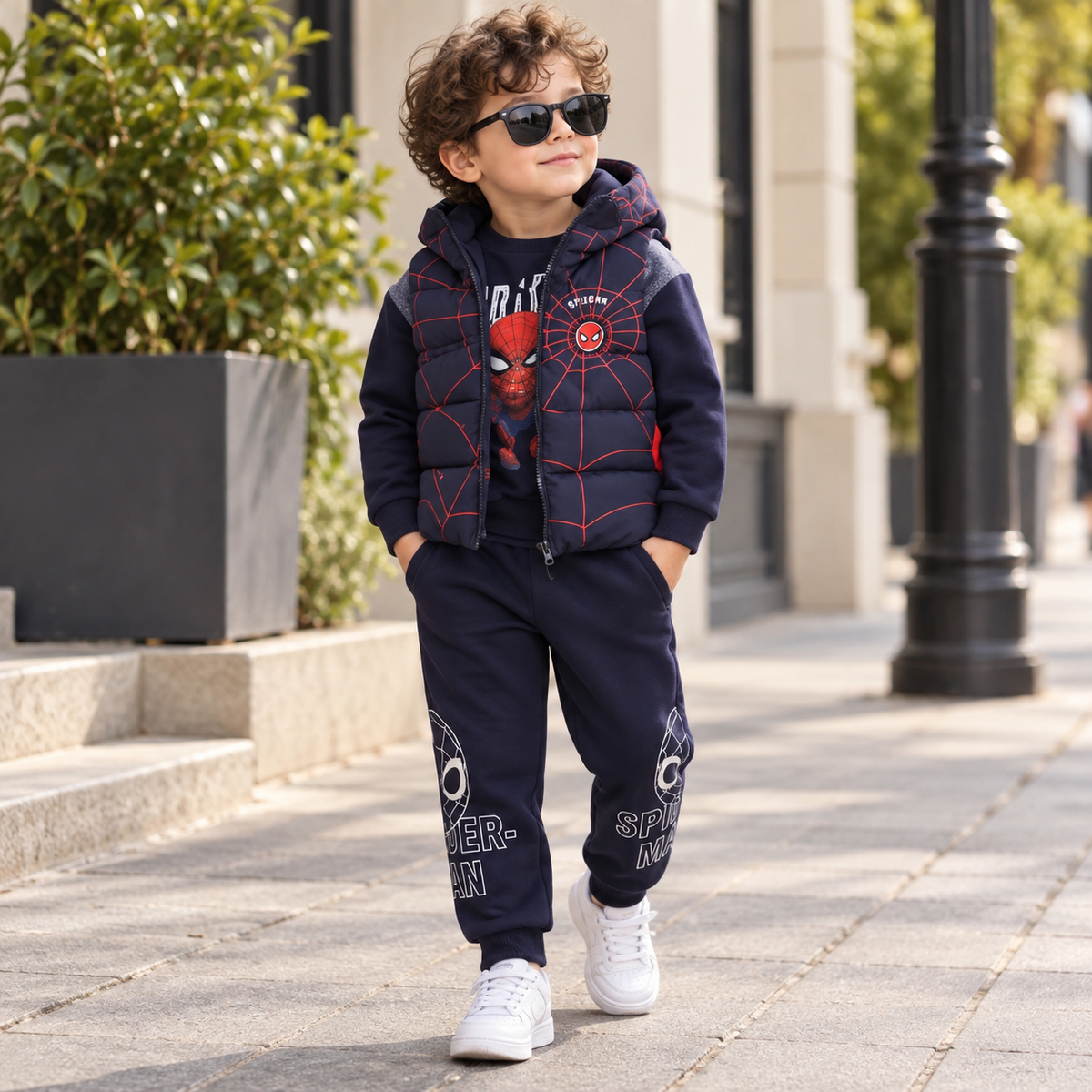 Boys 3PC blue winter jacket shirt and trouser set lifestyle image