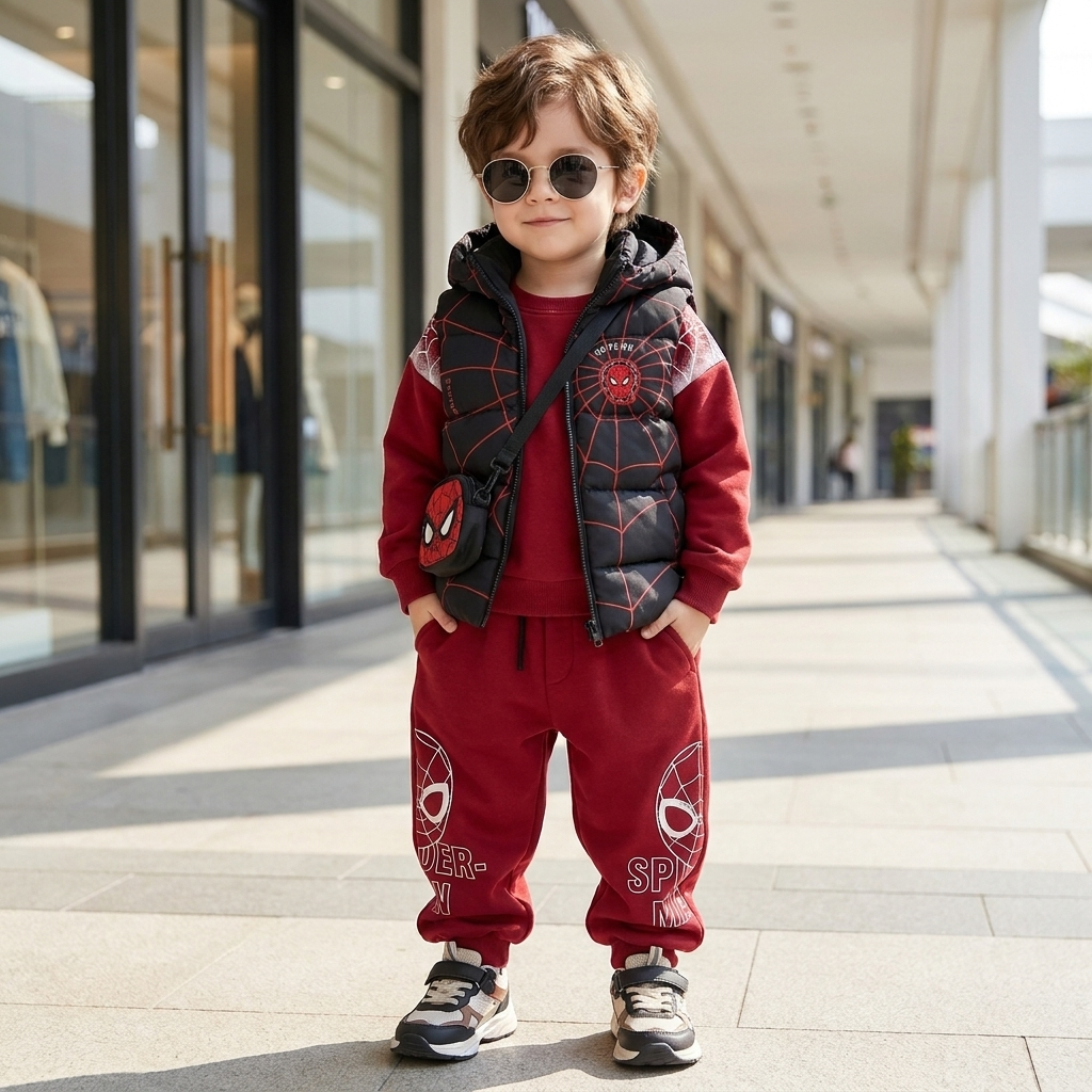 Boys 3PC red winter jacket shirt and trouser set lifestyle image