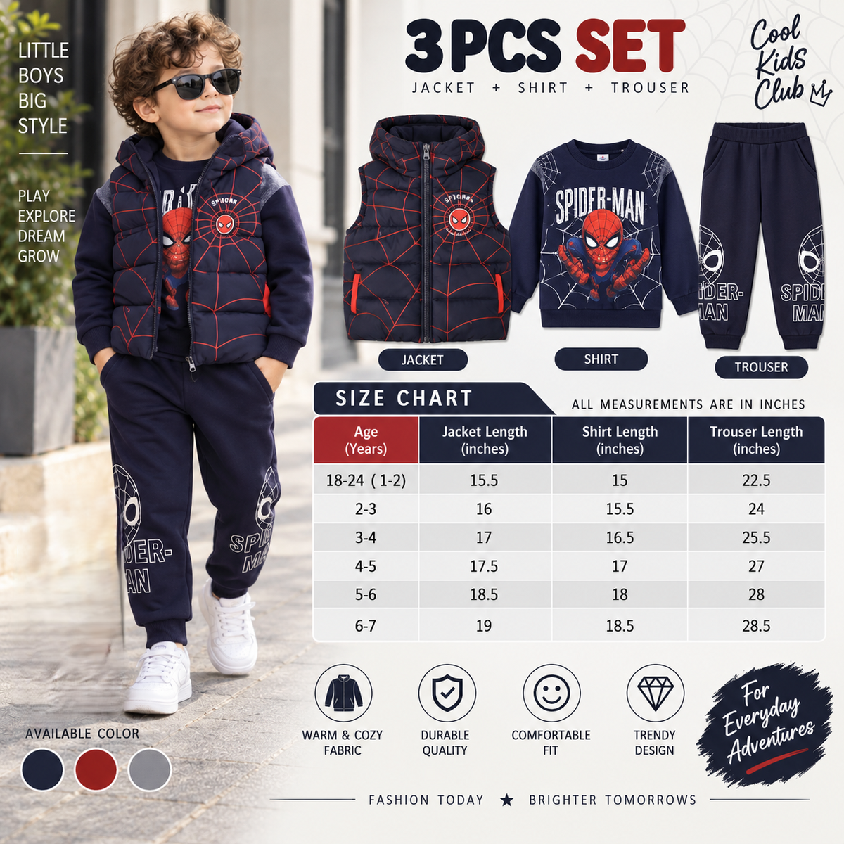 Boys 3PC jacket shirt and trouser set size chart 18-24 months to 6-7 years