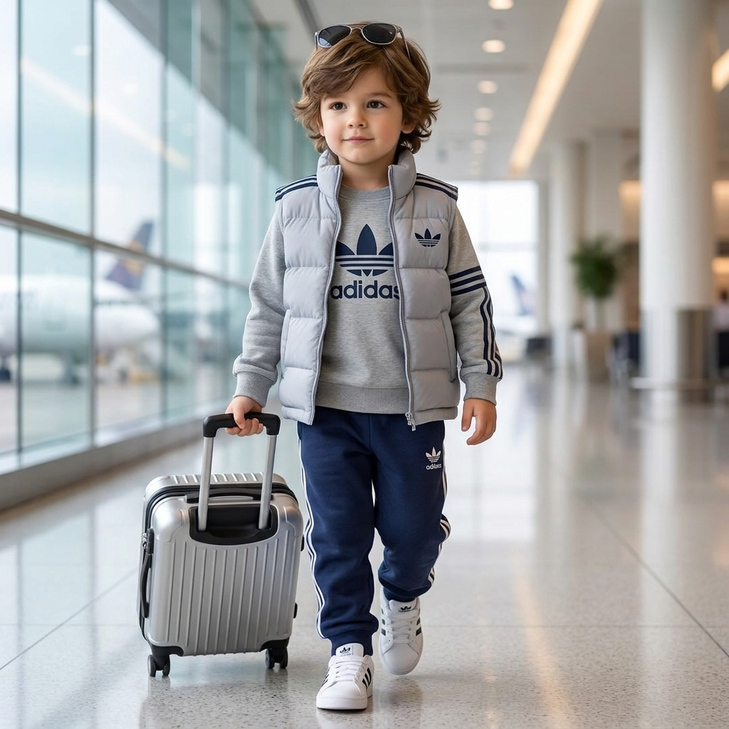 Boy wearing blue 3 piece puffer vest hoodie and trouser set