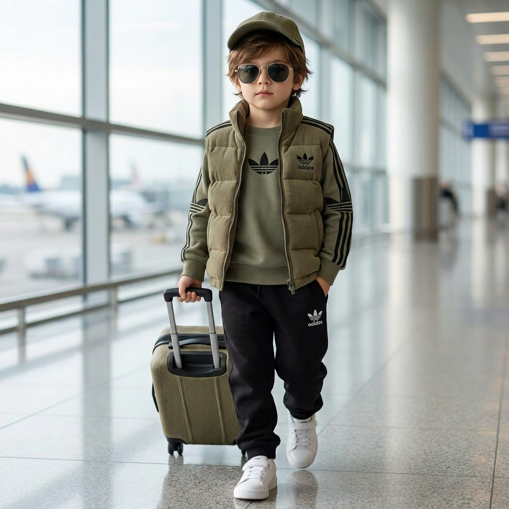 Boy wearing grey 3 piece puffer vest hoodie and trouser set