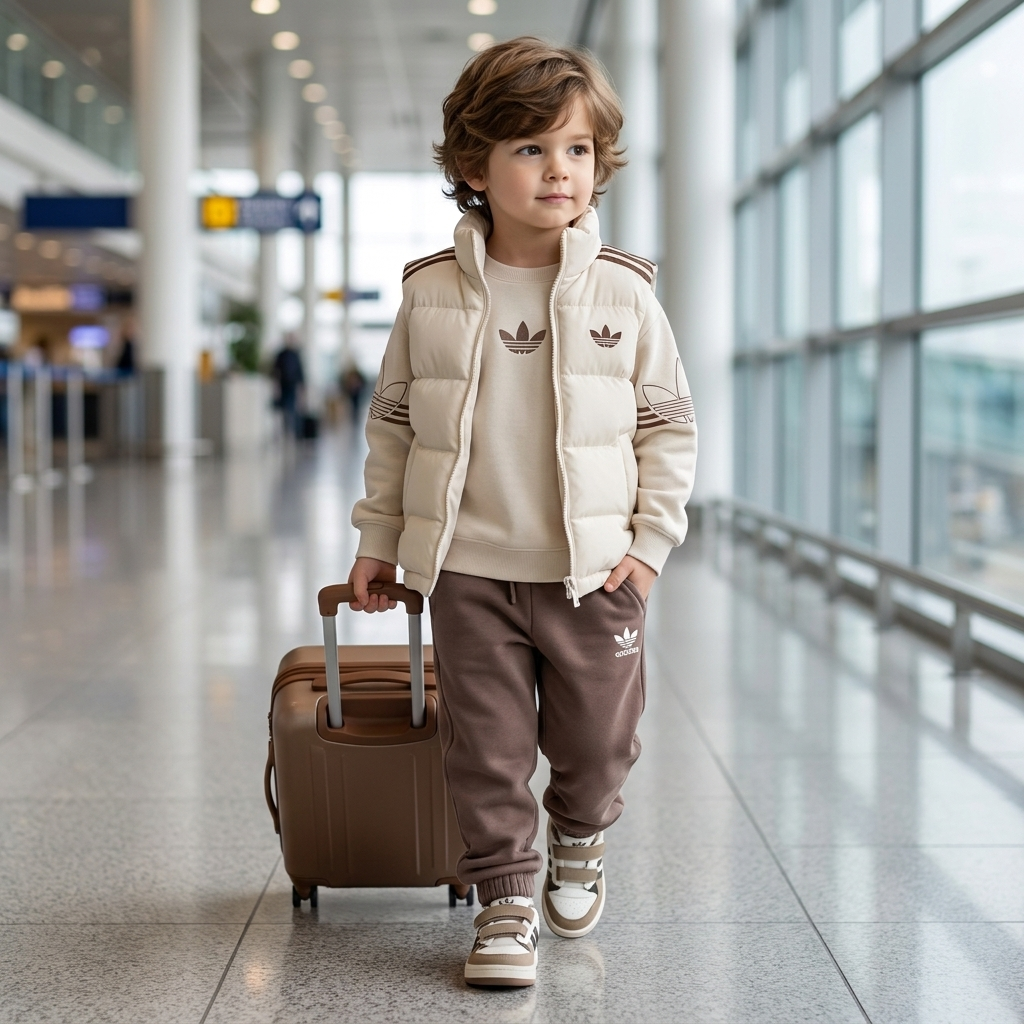 Boy wearing olive green 3 piece puffer vest hoodie and trouser set