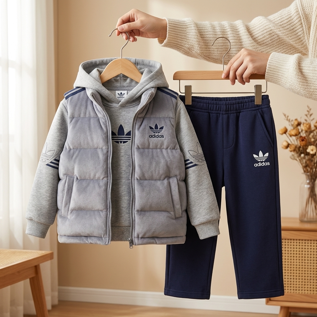 Boys 3 piece sports puffer vest hoodie and trouser set