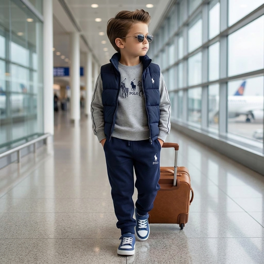 Boy wearing blue 3 piece puffer vest shirt and trouser set