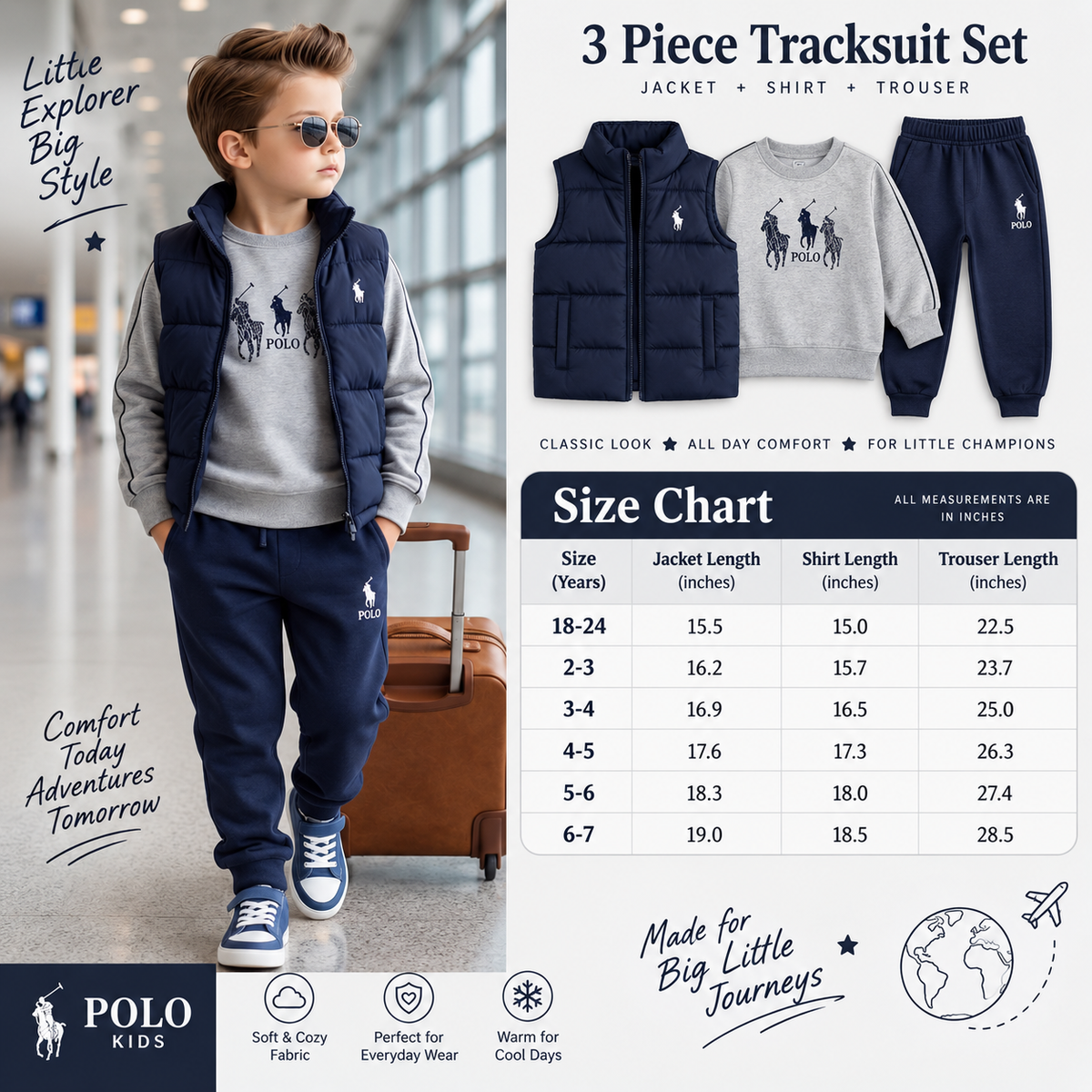 Boys 3 piece jacket shirt trouser size chart 18-24 months to 6-7 years