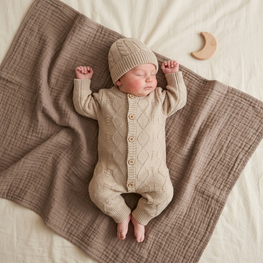 Baby wearing beige cable knit romper