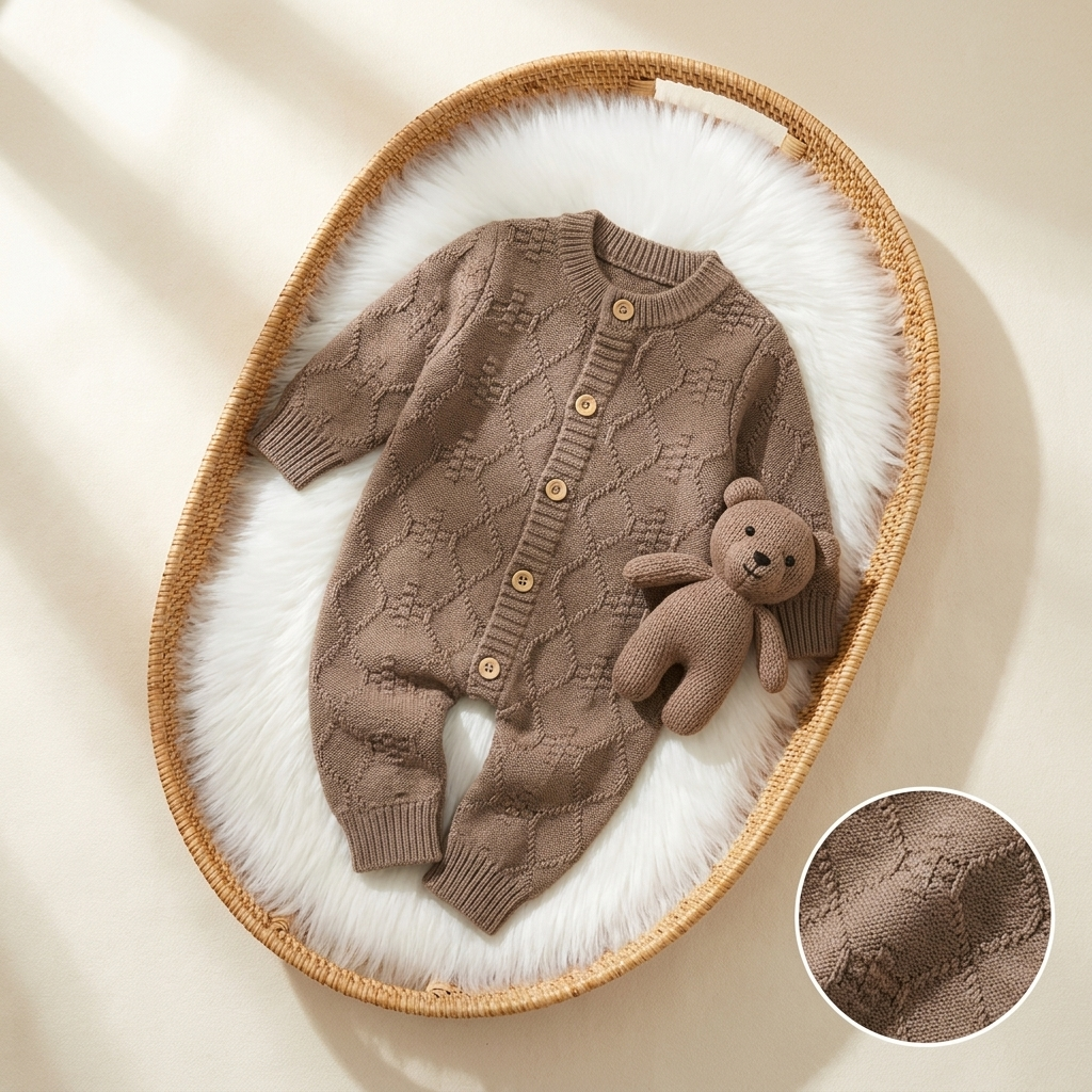 Brown cable knit baby romper flat lay