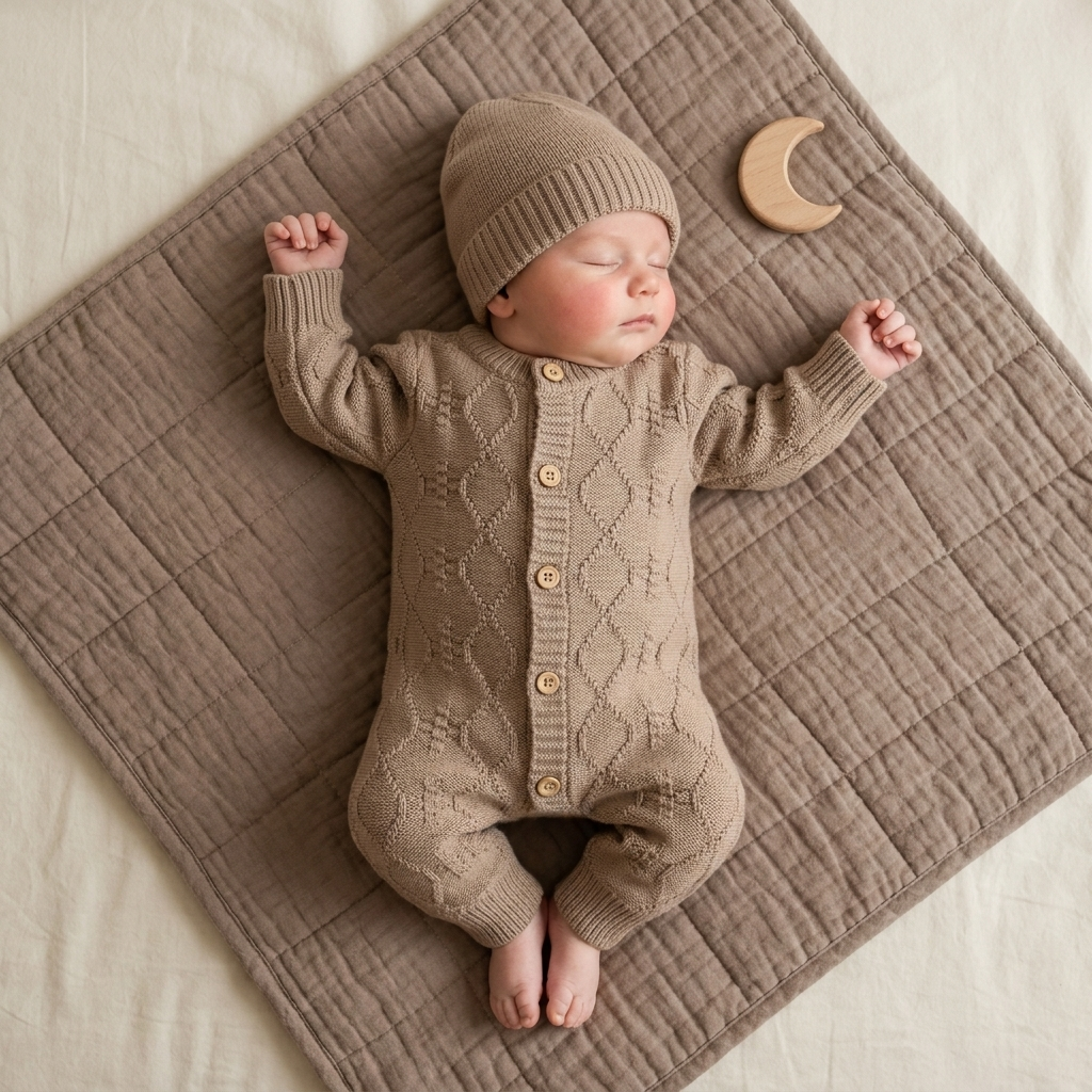 Baby wearing brown cable knit romper