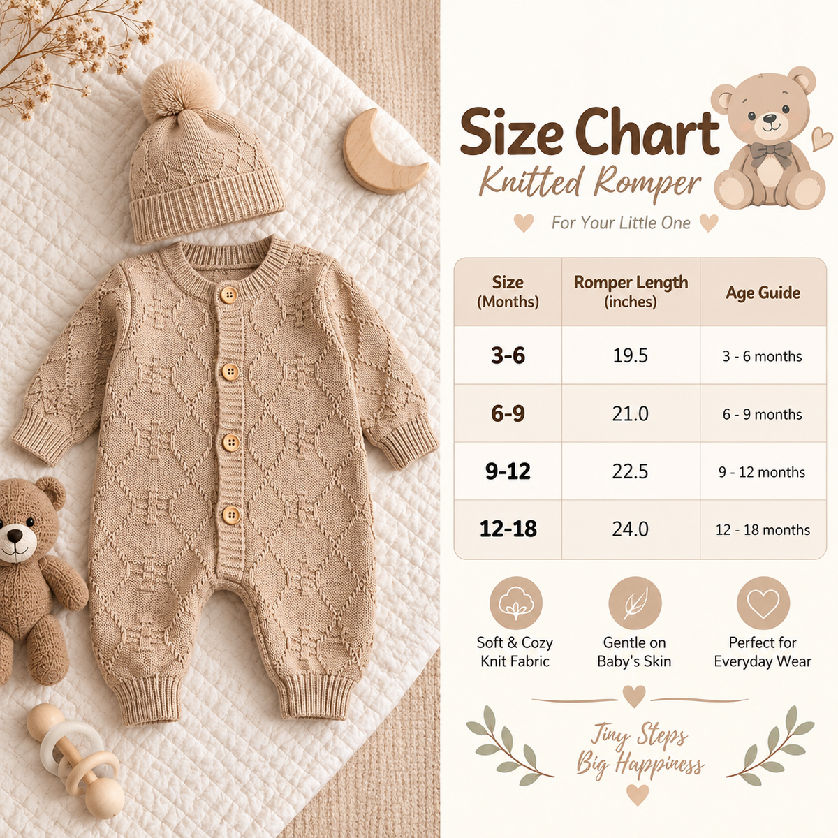 Cable knit baby romper size chart 3-6 to 12-18 months