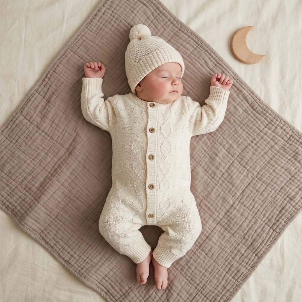 Baby wearing white cable knit romper