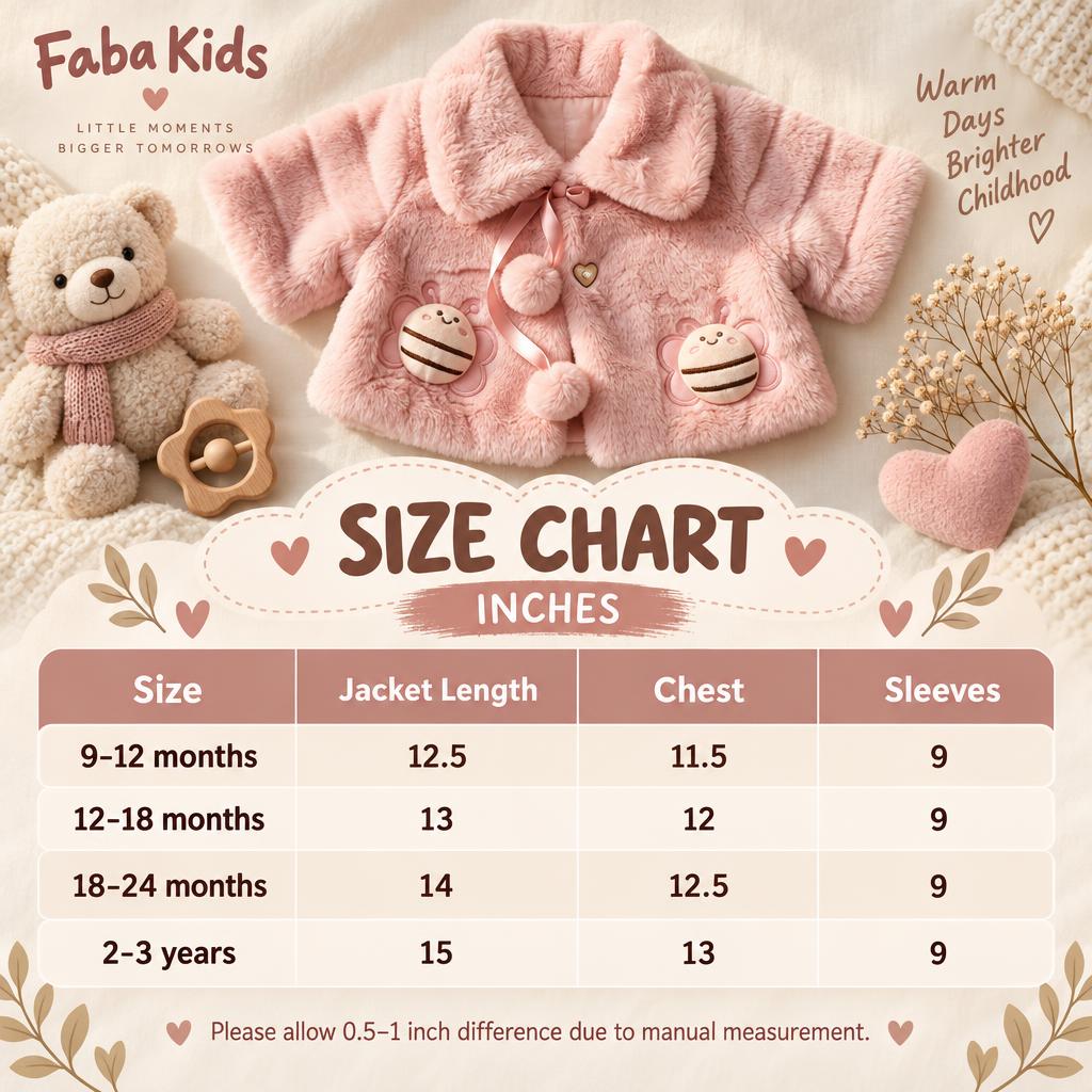 Girls pink bee pom pom shaggy jacket size chart showing 9-12 months through 2-3 years with jacket length, chest and sleeve measurements in inches.