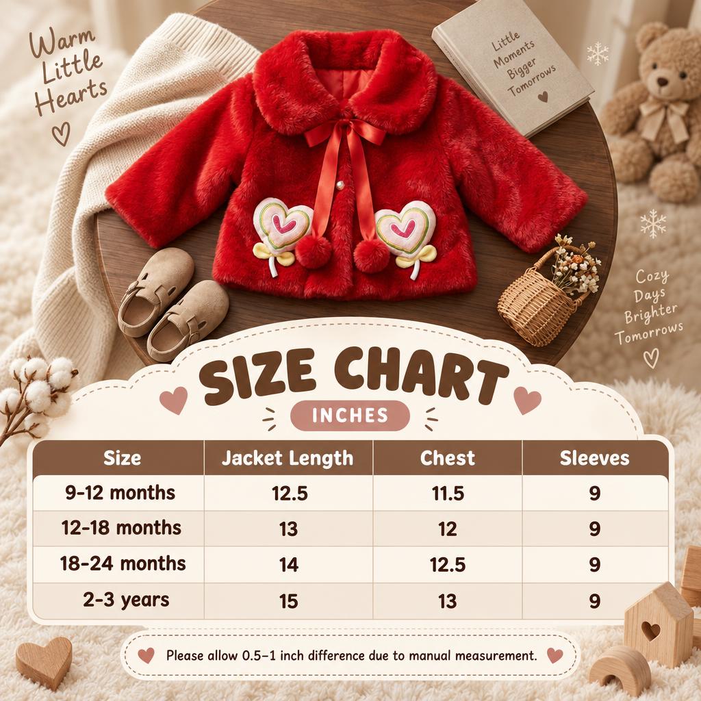 Girls heart lollipop shaggy jacket size chart showing 9-12 months to 2-3 years sizing, with jacket length, chest and sleeve measurements in inches.