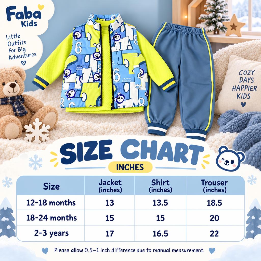 Faba Kids size chart for boys cartoon number-print jacket suit, showing jacket, shirt and trouser measurements for 12–18 months through 2–3 years.