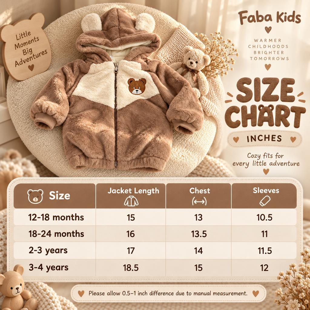 Faba Kids size chart for the Brown bear-ear plush hooded jacket, showing 12-18 months through 3-4 years measurements in inches.