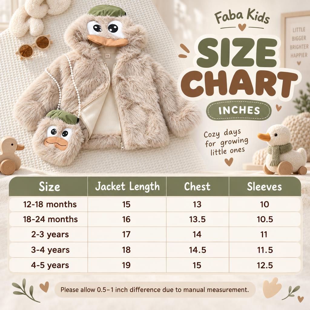 Faba Kids size chart for the Brown duck-face plush hooded jacket, showing 12-18 months through 4-5 years with jacket length, chest and sleeve measurements in inches.