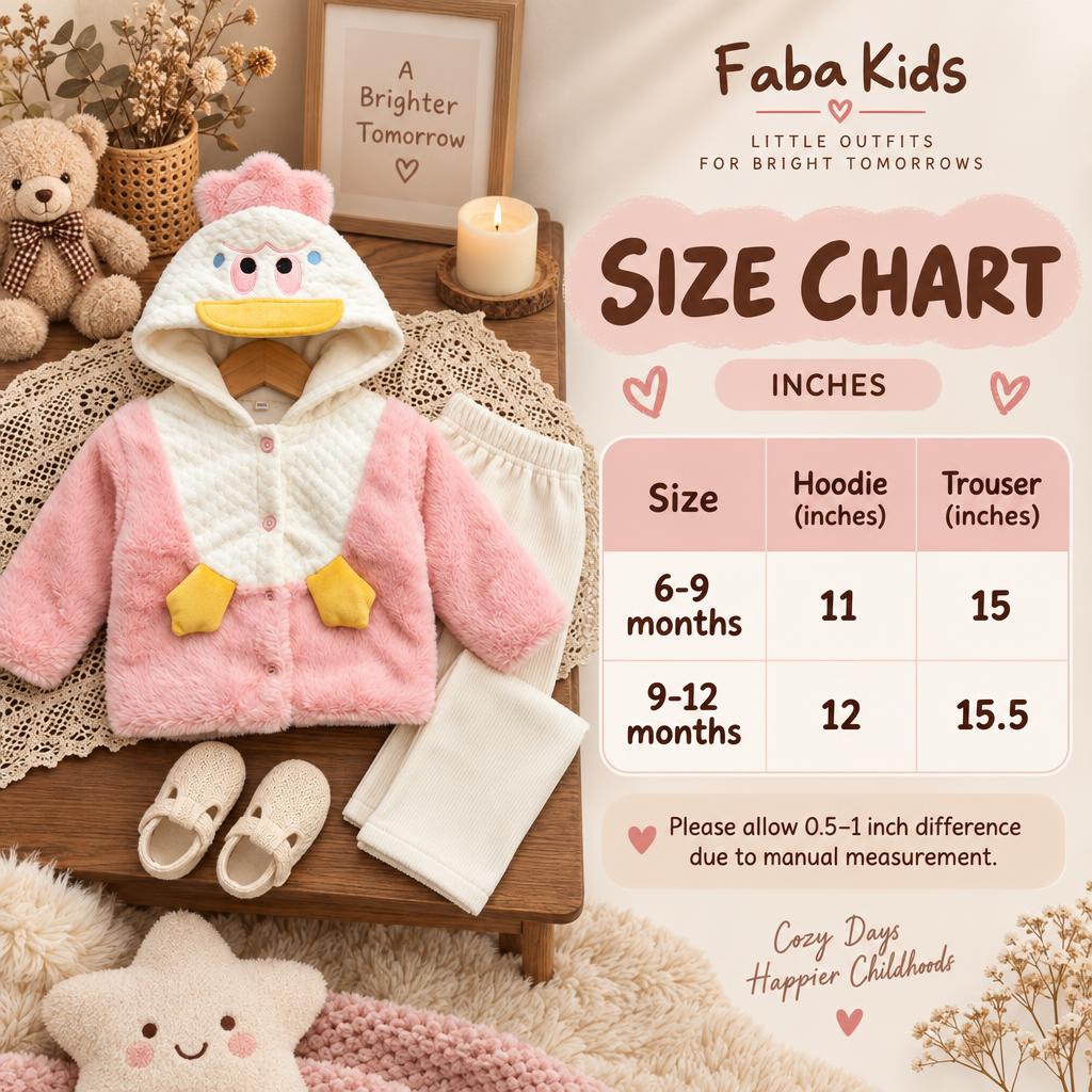Faba Kids size chart for the Pink duck hooded jacket and trouser 2pc set, showing 6-9 months and 9-12 months hoodie and trouser measurements in inches.