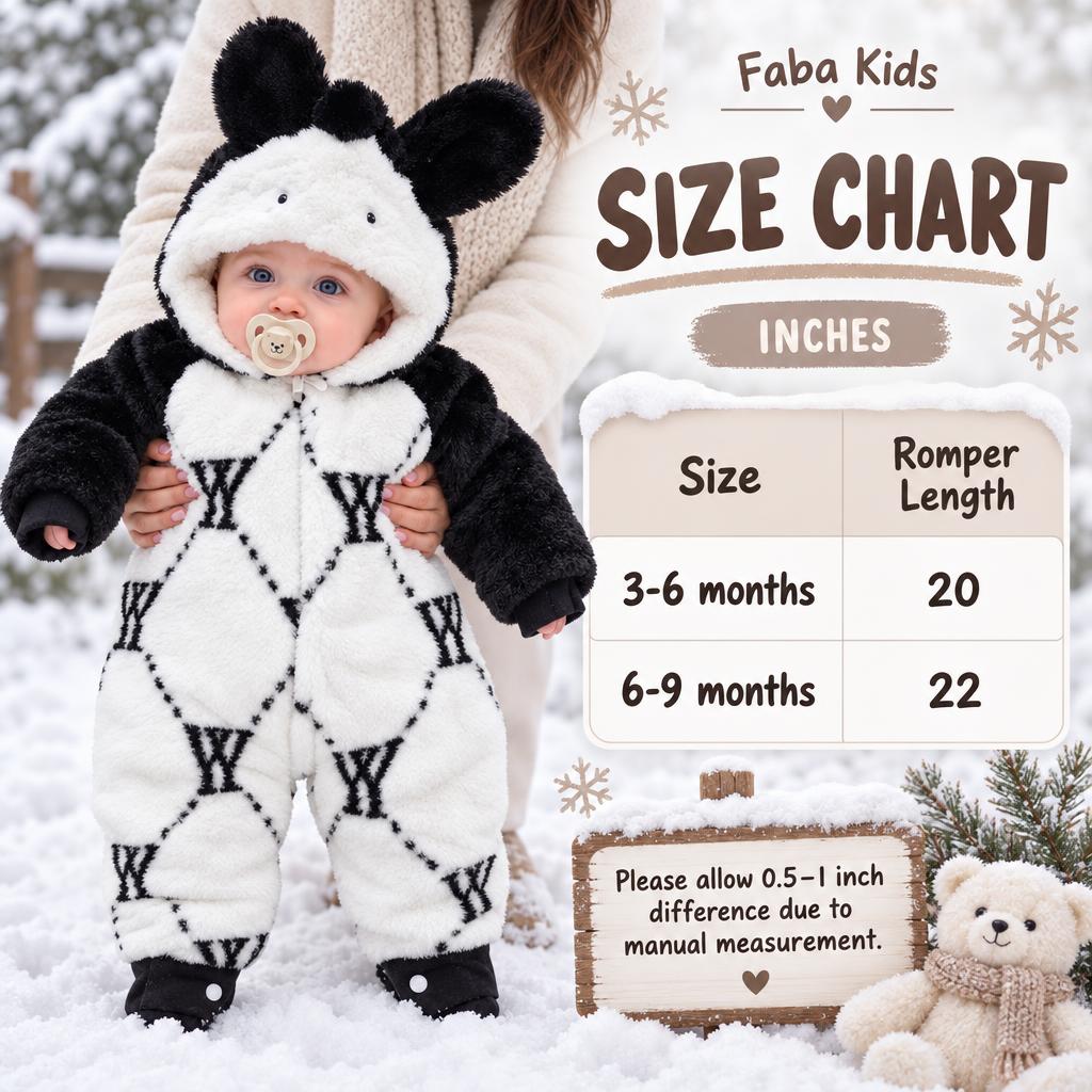 Faba Kids size chart for the panda hooded shaggy romper showing 3-6 months as 20 inches and 6-9 months as 22 inches.