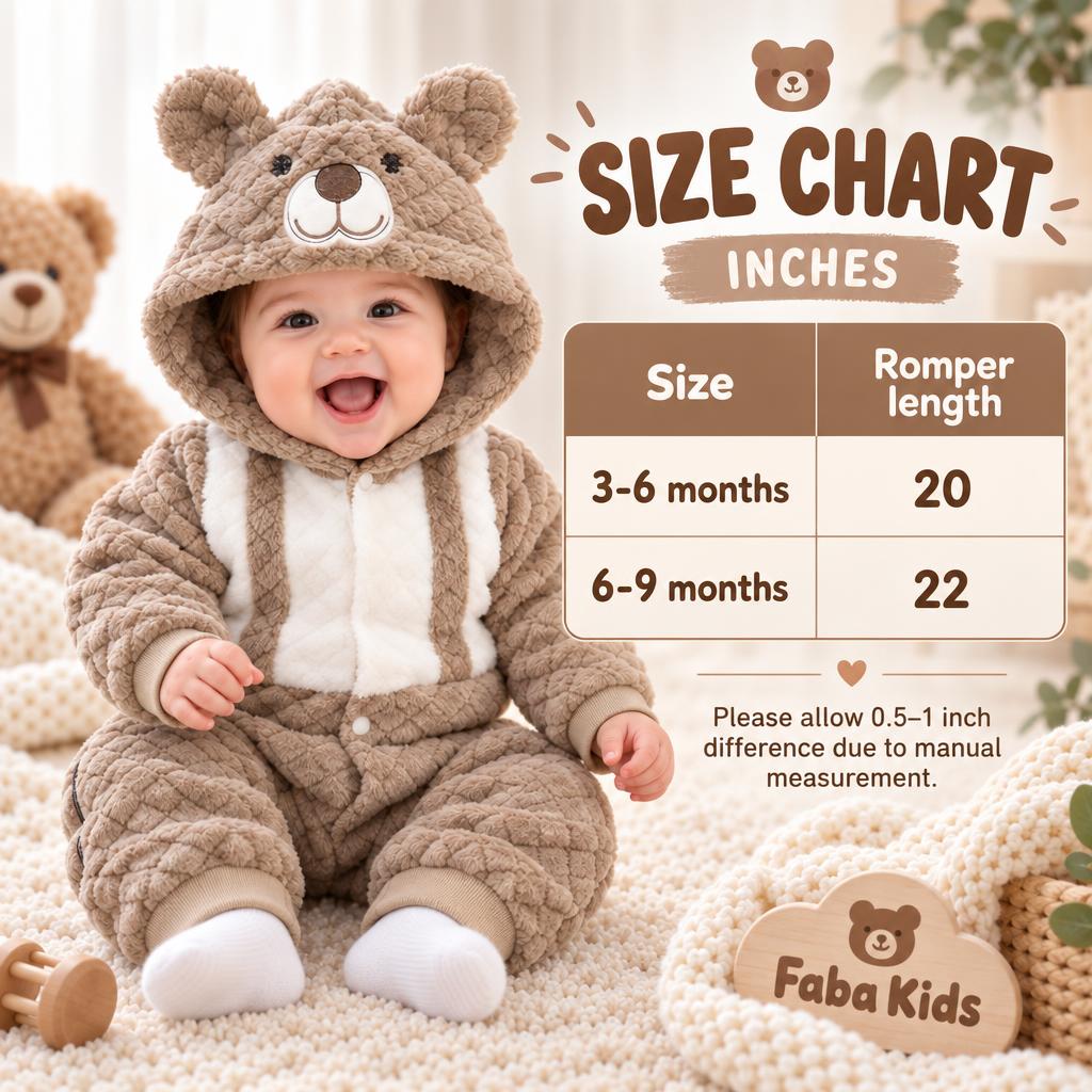 Size chart for baby bear hooded quilted plush romper showing 3-6 months at 20 inches and 6-9 months at 22 inches.