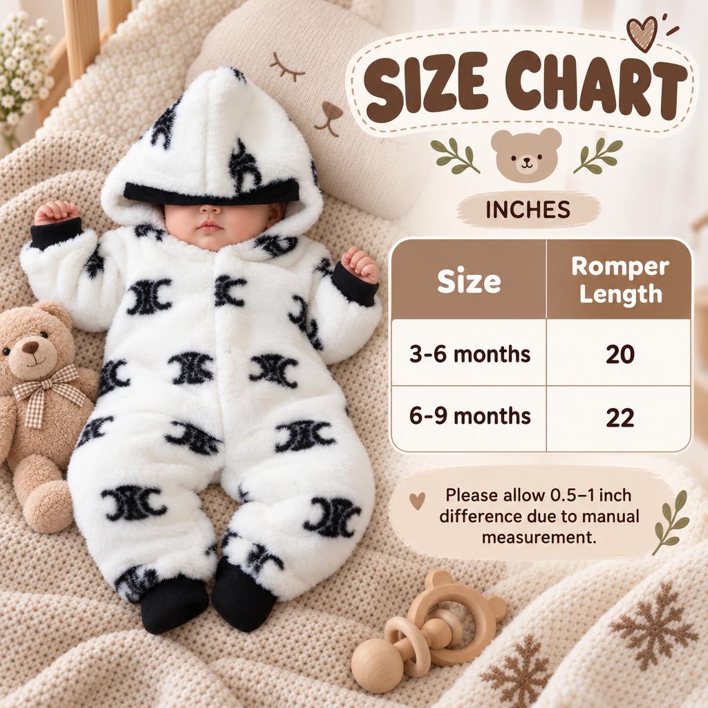 Size chart for the baby monogram print hooded fur romper showing 3-6 months with 20-inch length and 6-9 months with 22-inch length.