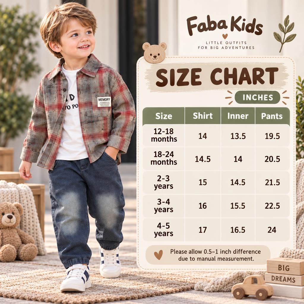 Faba Kids size chart for boys check shirt, inner and baggy pant set showing 12-18 months through 4-5 years measurements in inches.