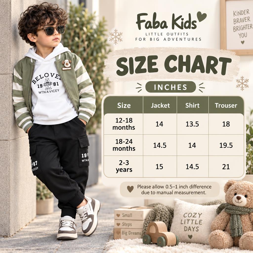 Faba Kids size chart for boys jacket, hooded shirt and trouser set in 12-18 months, 18-24 months and 2-3 years, with inch measurements.