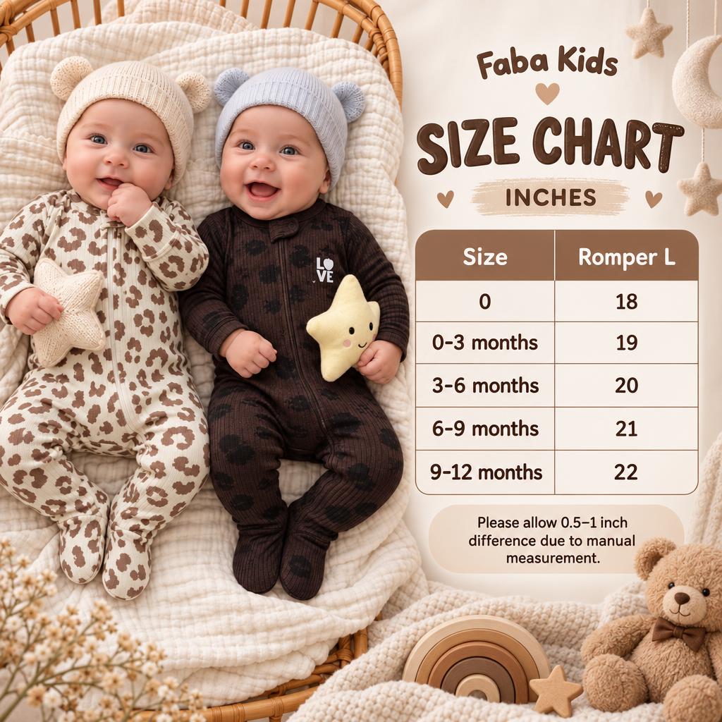 Faba Kids baby zip footed romper size chart showing sizes 0 through 9-12 months and romper lengths from 18 to 22 inches.