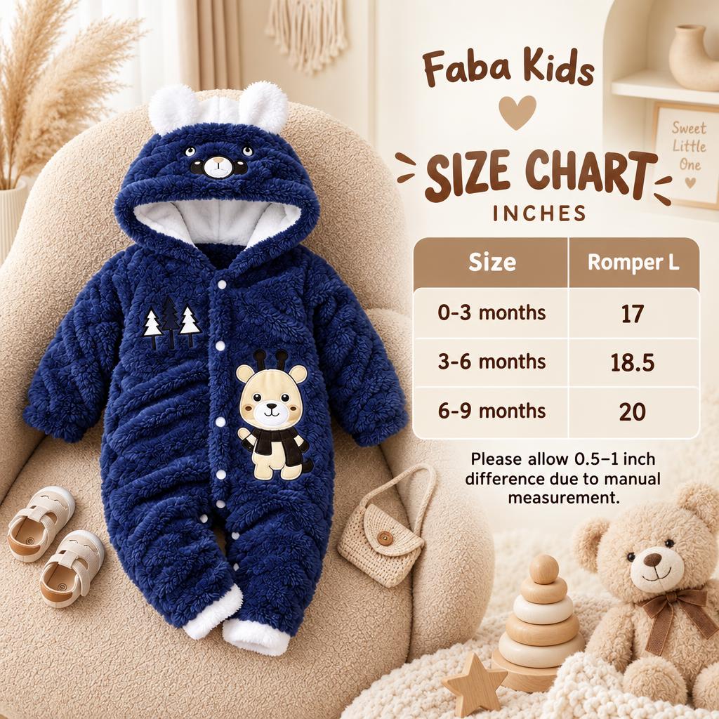 Faba Kids size chart for the Blue bear hooded shaggy romper, showing 0-3, 3-6 and 6-9 months with lengths of 17, 18.5 and 20 inches.
