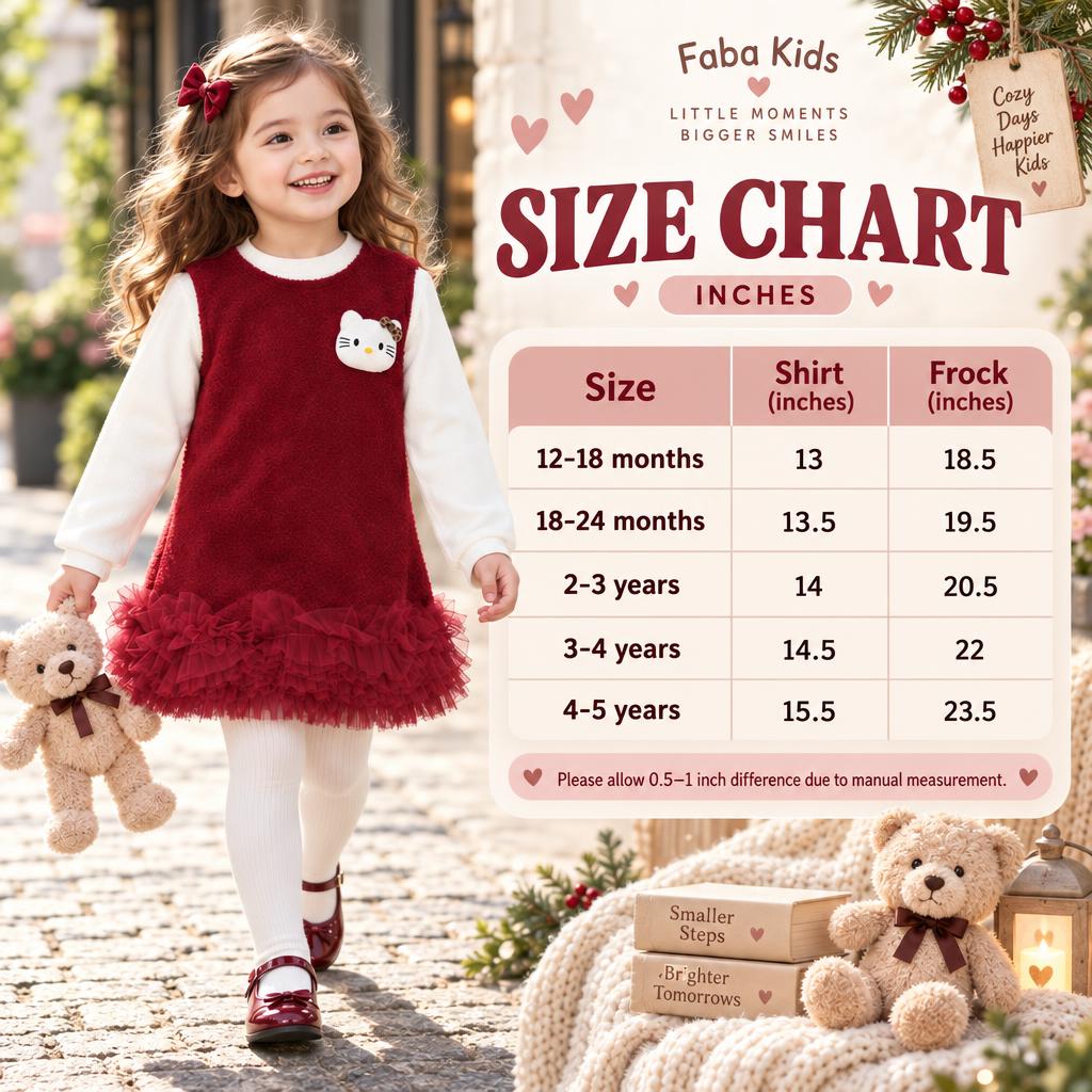Faba Kids size chart for the girls Burgundy frock and White shirt set, showing shirt and frock lengths for 12–18 months through 4–5 years.