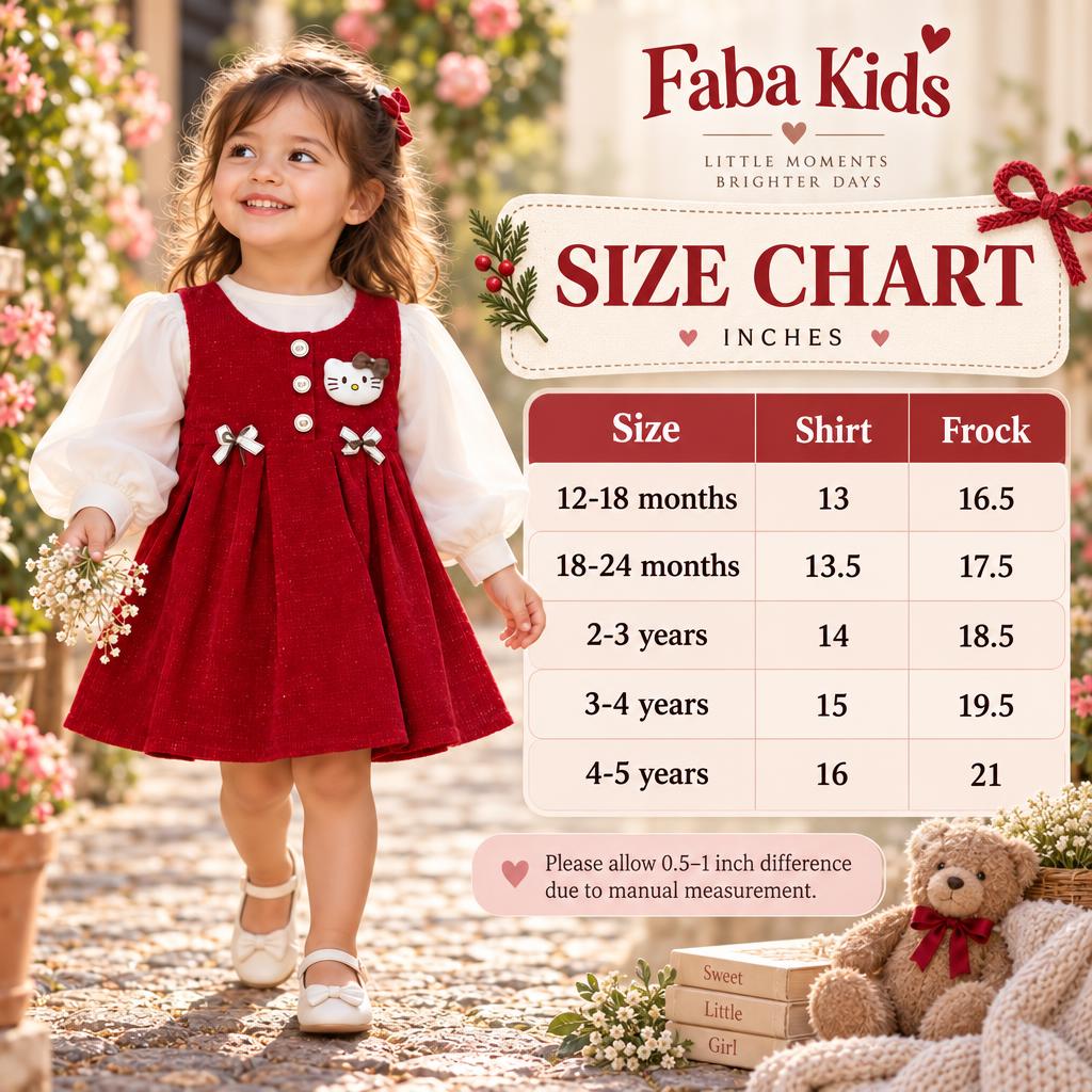 Faba Kids size chart for girls frock and shirt set, showing sizes 12–18 months through 4–5 years with shirt and frock lengths in inches.