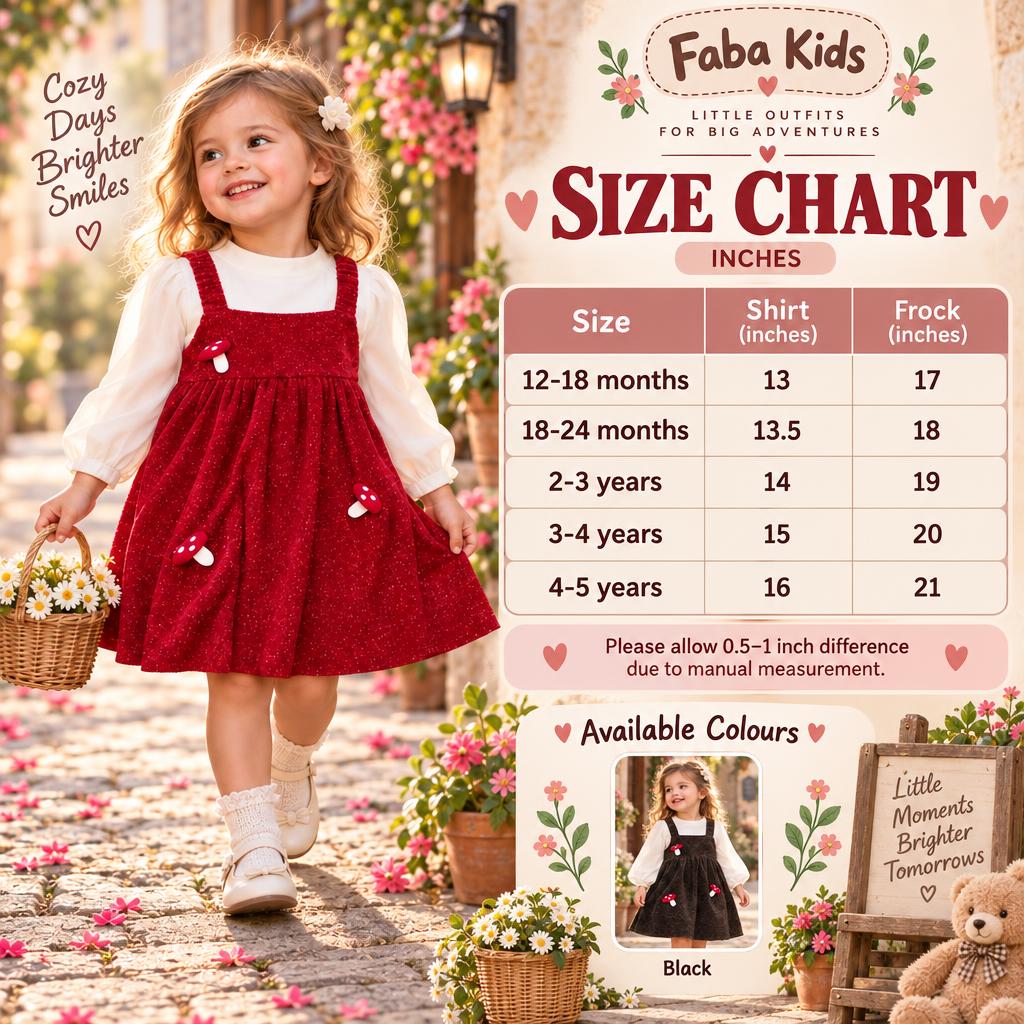 Faba Kids size chart for girls mushroom shirt and frock set in sizes 12–18 months to 4–5 years, with shirt and frock lengths in inches.
